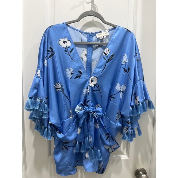 Sachin & Babi Amelia Blouse Tassels Cocktail Party Women Blue Short Sleeve 3XL - Picture 2 of 5